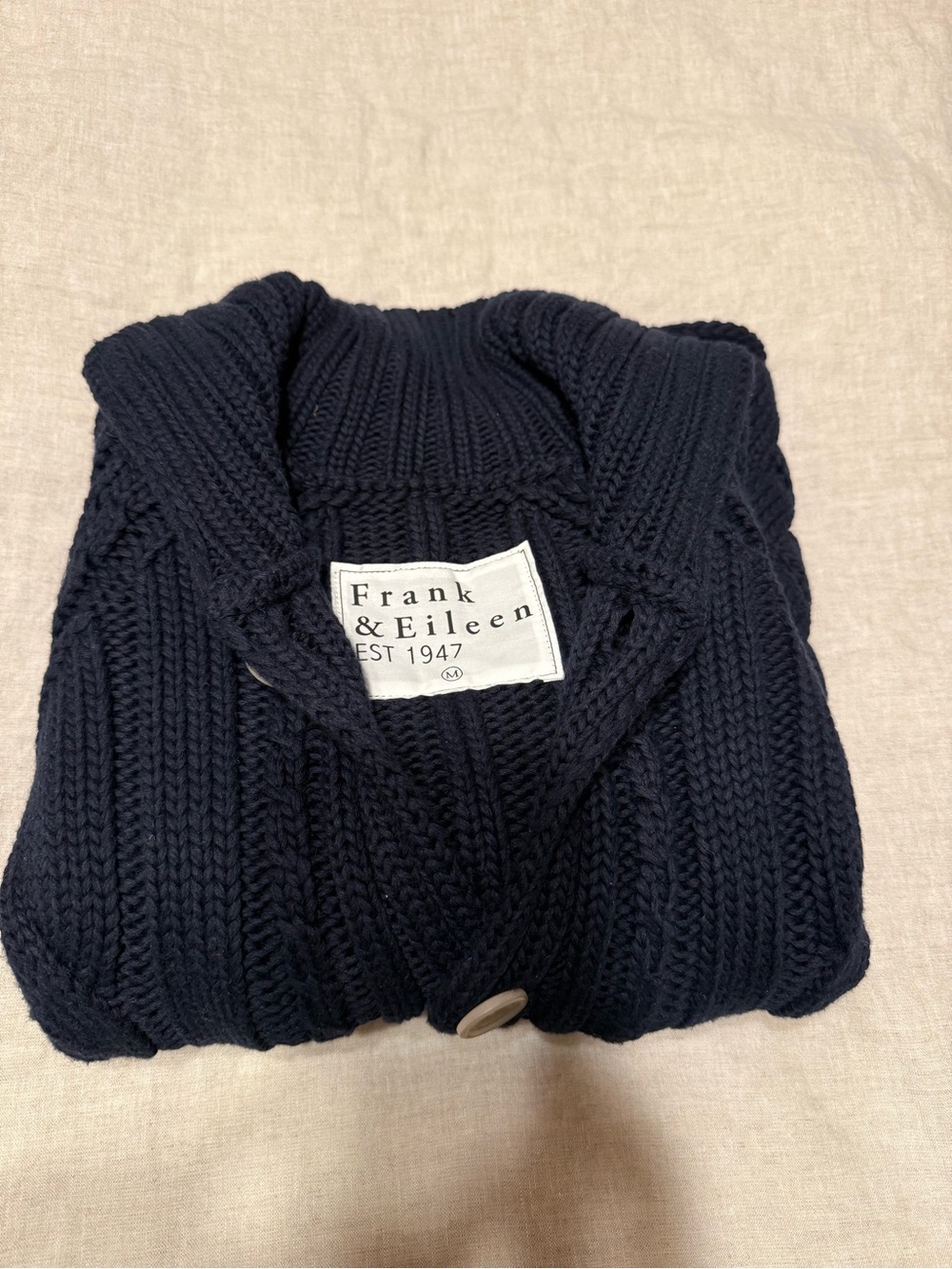 $598 Frank & Eileen Cable Knit Cotswold horn Button Cardigan in navy Blue - Picture 13 of 13
